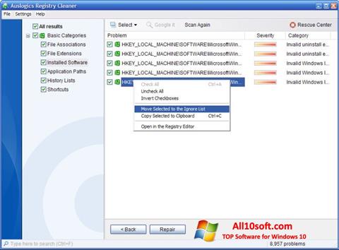 Capture d'écran Auslogics Registry Cleaner pour Windows 10