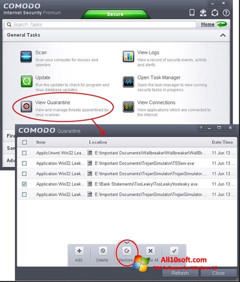 Capture d'écran Comodo Internet Security pour Windows 10