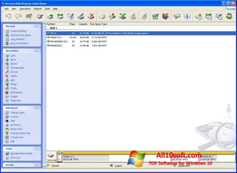 Capture d'écran Acronis Disk Director pour Windows 10